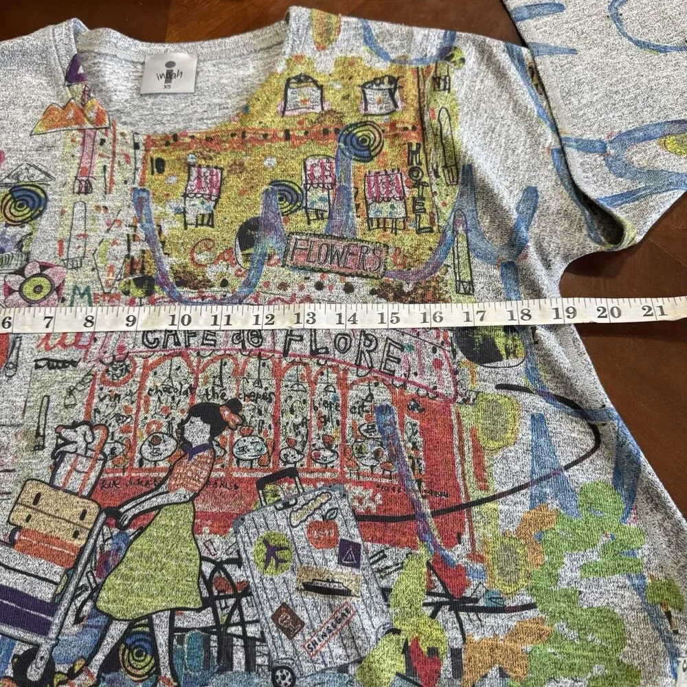 Inoah Women City Walk Crew Neck 3/4 Sleeve Top Size XS Tee Tunic Graffiti